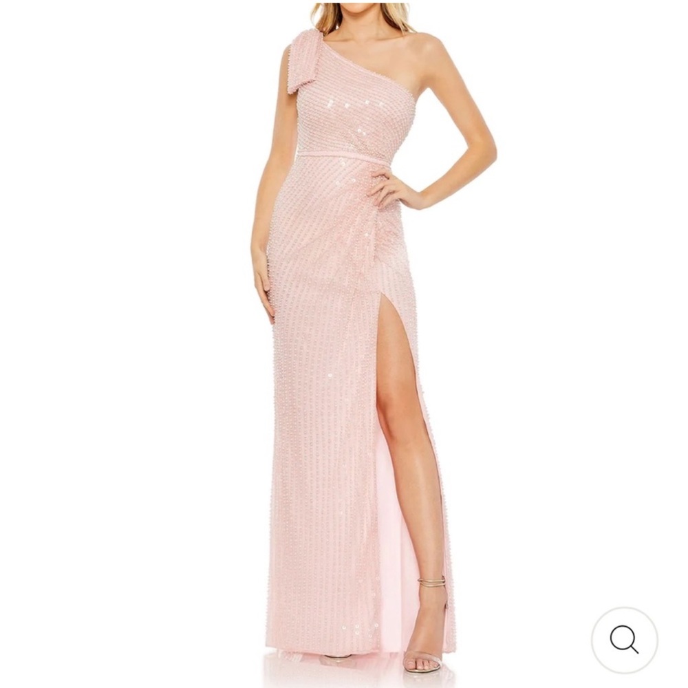 Mac Duggal Pearl Embellished Soft Tie One Shoulder Gown 93735 baby pink